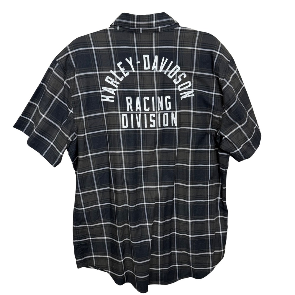 Harley-Davidson Racing Division Plaid Shirt Mens Large Black Grey Short Sleeve